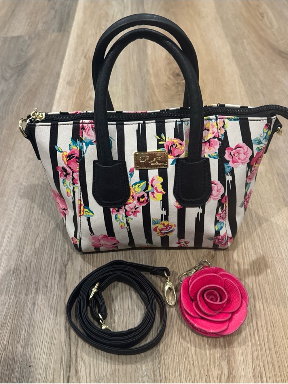 Luv Betsey by Betsey Johnson Mini Satchel Black White Striped Floral Purse Rose